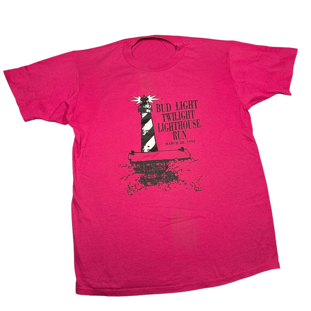 Vintage 1992 Bud Light Twilight Lighthouse Run T Shirt Pink - Picture 1 of 7